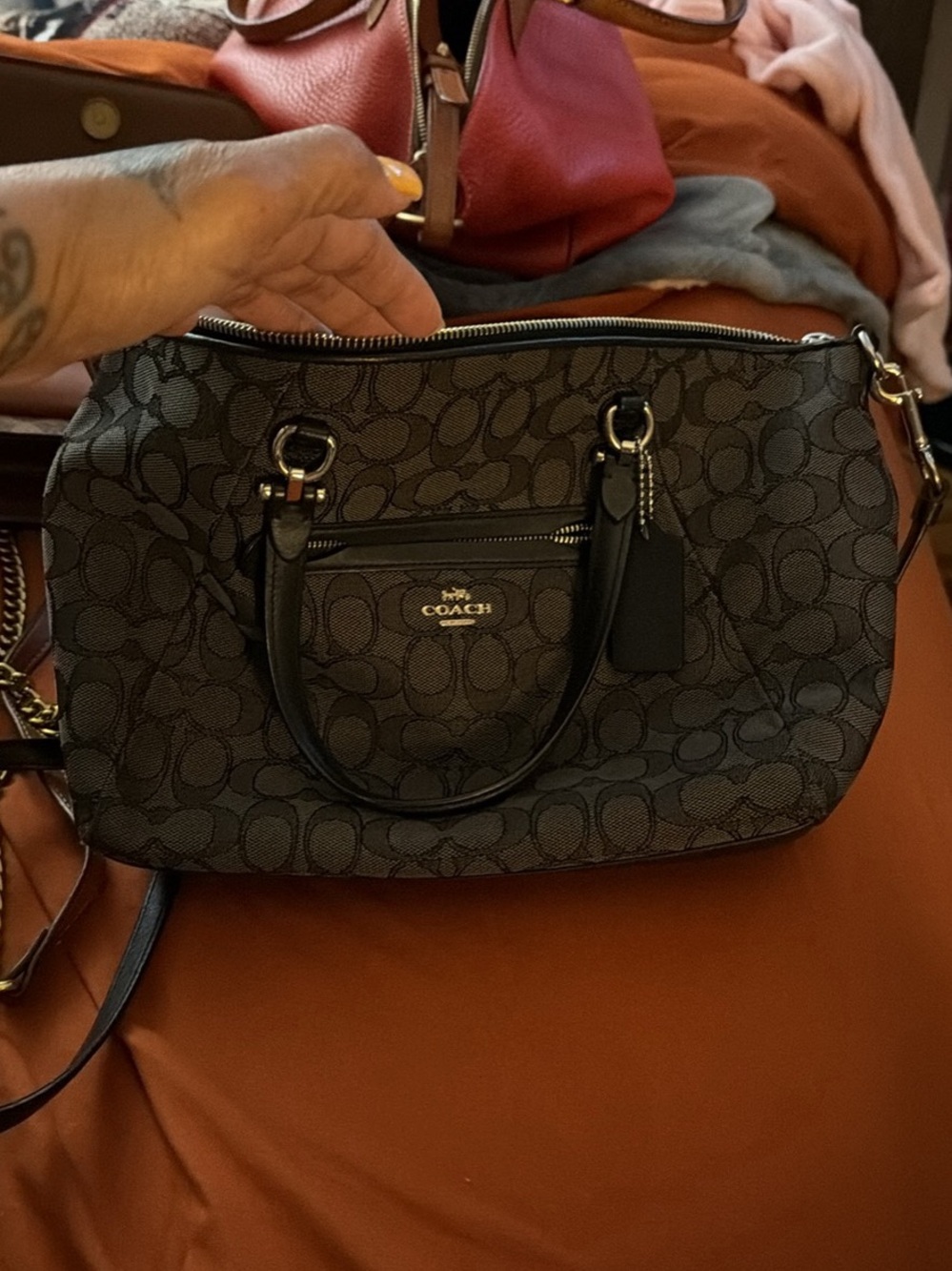 Coach Black/Gray Signature Satchel with Crossbody Strap
